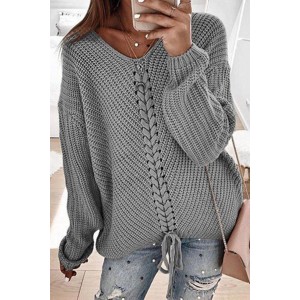 Gray V-neck Lace Up Knitted Sweater